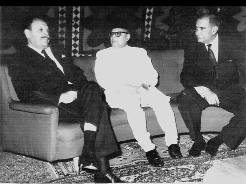 WITH FIELD MARSHAL MUHAMMAD AYUB KHAN, PRESIDENT OF THE ISLAMIC REPUBLIC OF PAKISTAN AND MR. MONEM KHAN, GOVERNOR OF EAST PAKISTAN AT THE WALIMA RECEPTION OF CAPTAIN NISAR AKBAR KHAN IN 1962 AT 2 HARLEY STREET, RAWALPINDI CANTONMENT, THE OFFICIAL RESIDENCE OF THE FEDERAL MINISTER OF HOME & KASHMIR AFFAIRS .